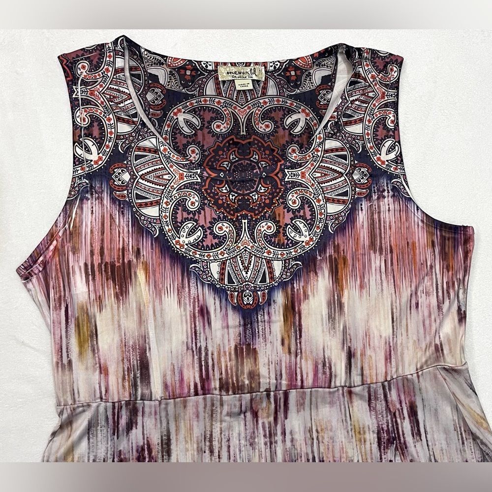 ONE WORLD Live & Let Live Sleeveless Boho Ombre Print Paisley Neckline Dress - Picture 3 of 16